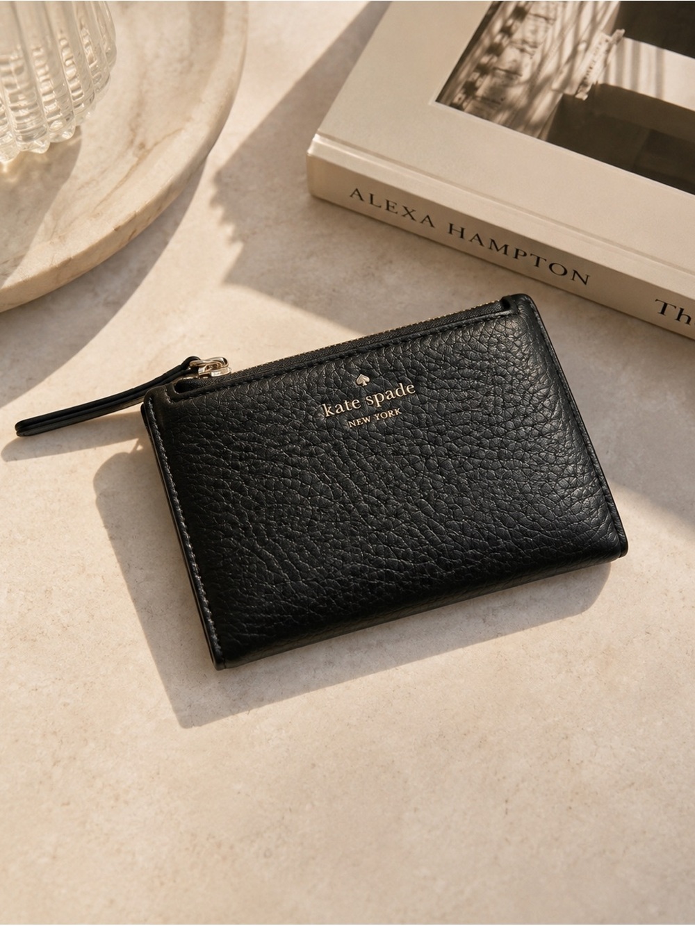 Kate Spade New York Black Pebbled Leather Zip Wallet Quiet Luxury Designer